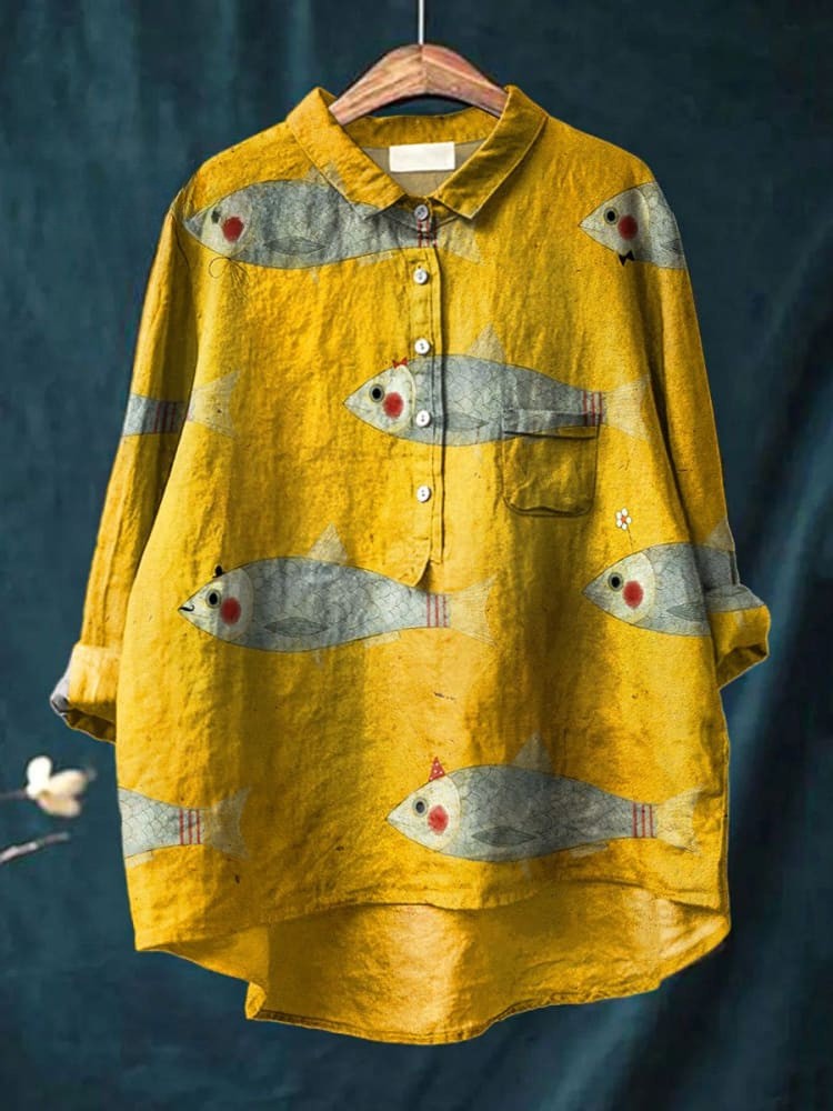 Women’s Vintage Fish Art Print Casual Linen Shirt