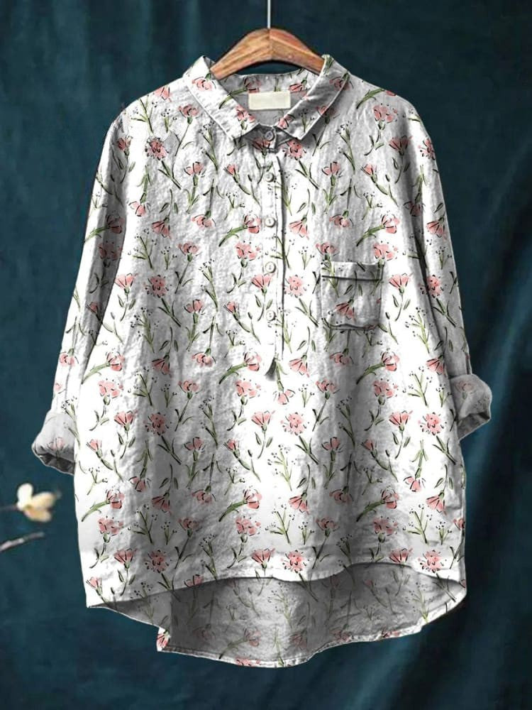 Pink Spring Flowers Repeating Pattern Printed Casual Linen Shirt for Women